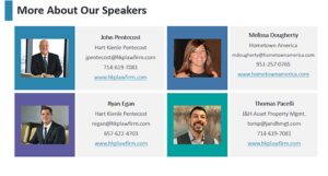 Photos and contact information of speakers at event: John Pentecost, Melissa Dougherty, Ryan Egan, and Thomas Pacelli